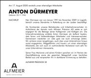 Traueranzeige Anton Dürmeyer