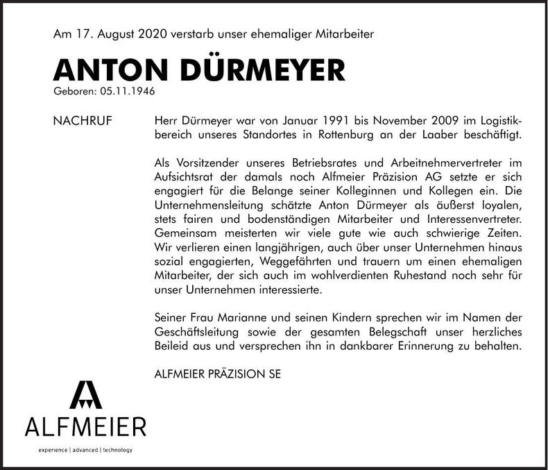 Traueranzeige Anton Dürmeyer