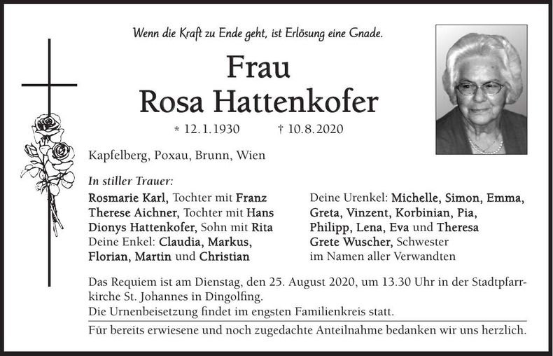 Traueranzeige Rosa Hattenkofer