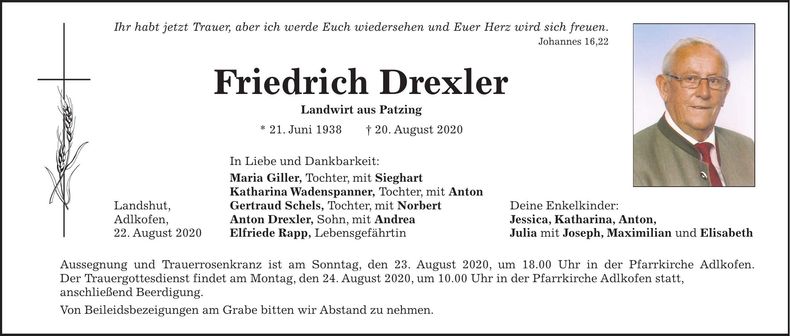 Traueranzeige Friedrich Drexler