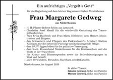 Traueranzeige Margarete Gedweg