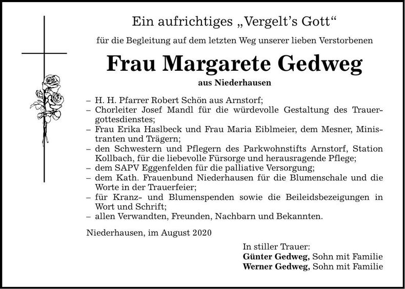 Traueranzeige Margarete Gedweg