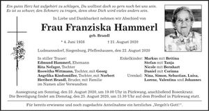 Traueranzeige Franziska Hammerl