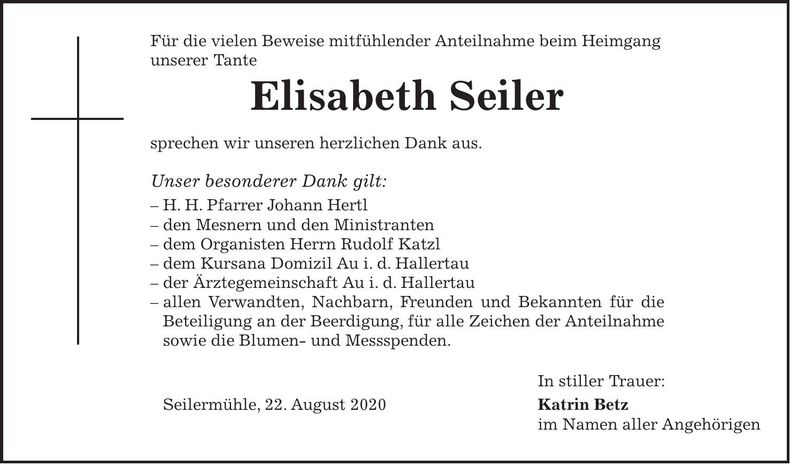 Traueranzeige Elisabeth Seiler