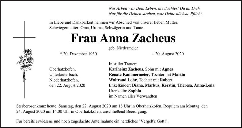 Traueranzeige Anna Zacheus