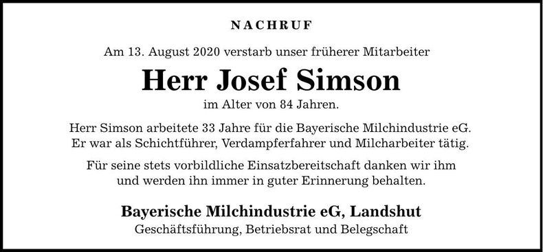 Traueranzeige Josef Simson