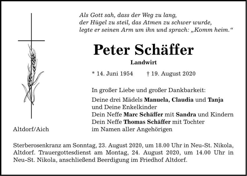 Traueranzeige Peter Schäffer