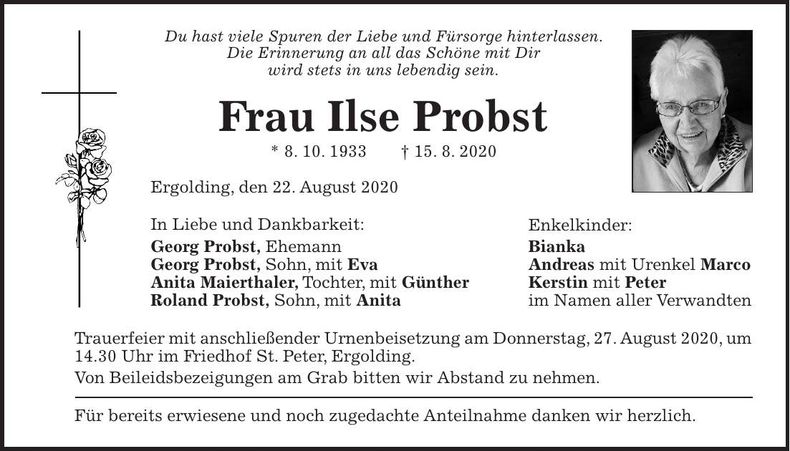 Traueranzeige Ilse Probst