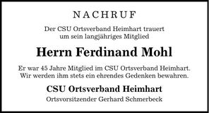Traueranzeige Ferdinand Mohl
