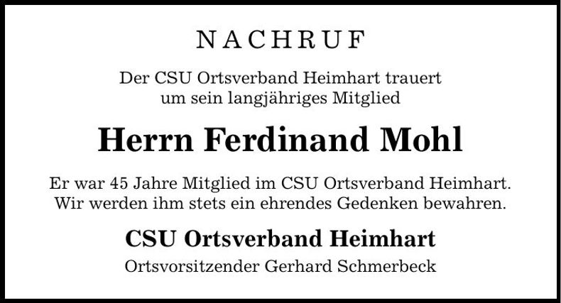 Traueranzeige Ferdinand Mohl