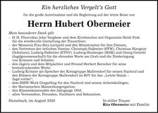 Traueranzeige Hubert Obermeier