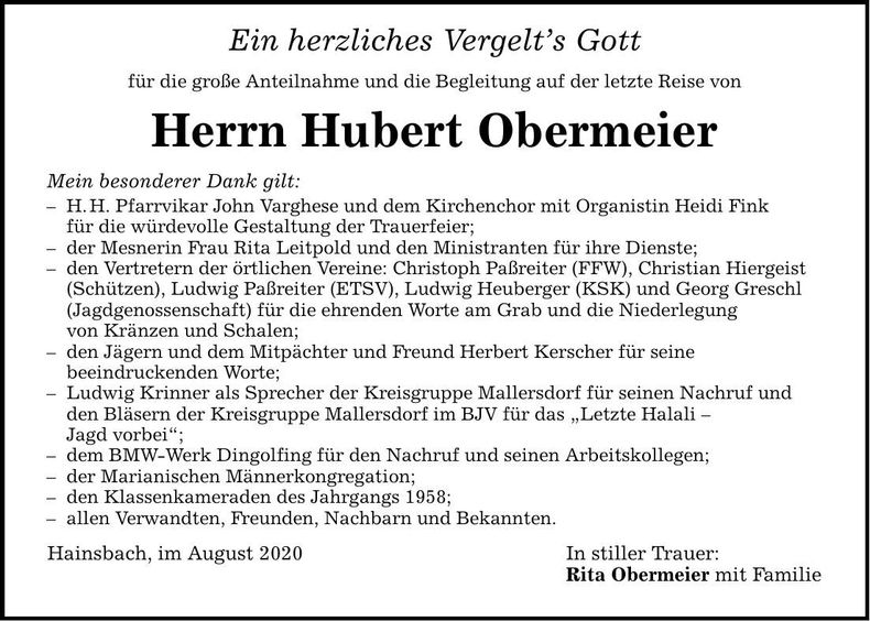 Traueranzeige Hubert Obermeier