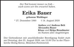 Traueranzeige Erika Bauer