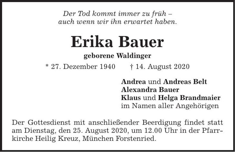 Traueranzeige Erika Bauer