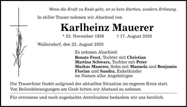 Traueranzeige Karlheinz Mauerer