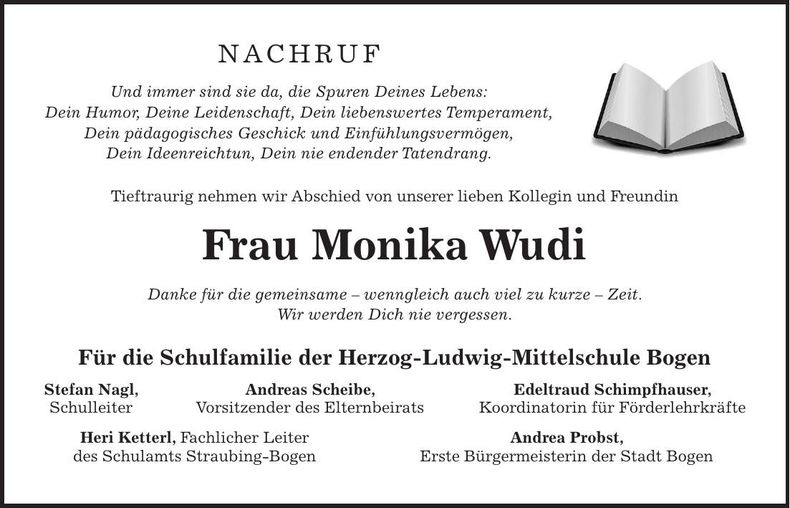 Traueranzeige Monika Wudi