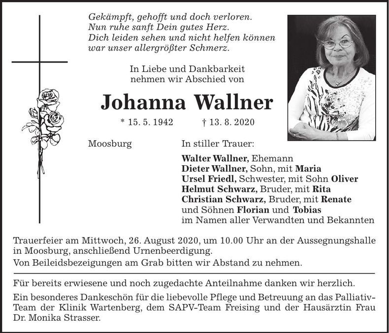 Traueranzeige Johanna Wallner