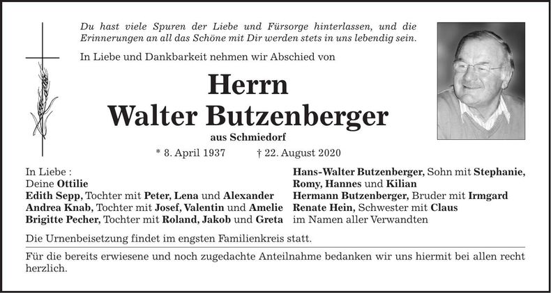 Traueranzeige Walter Butzenberger
