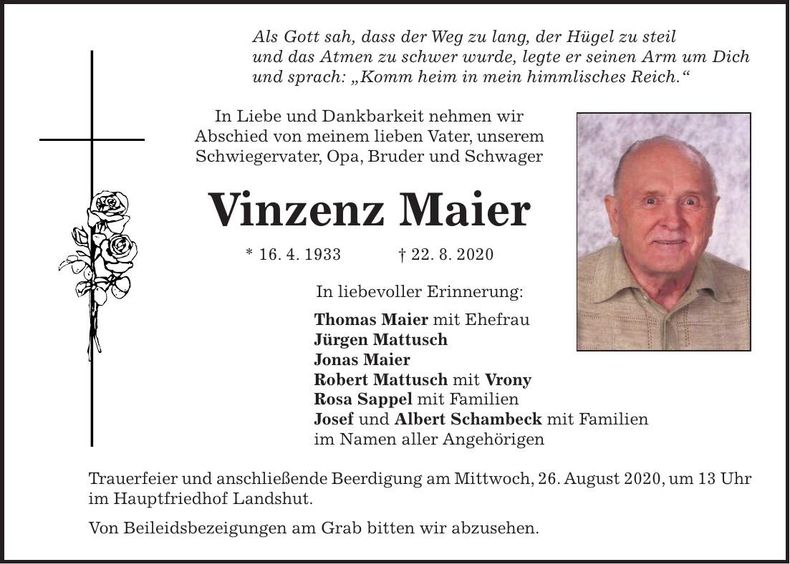 Traueranzeige Vinzenz Maier