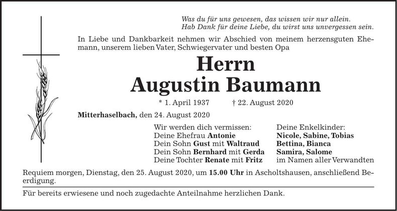 Traueranzeige Augustin Baumann