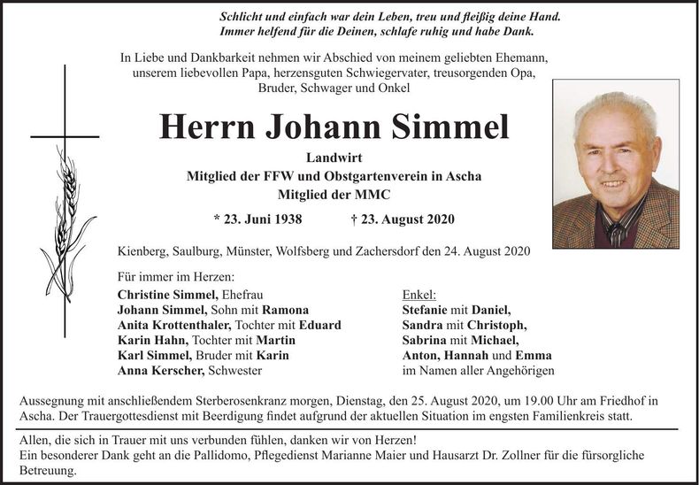 Traueranzeige Johann Simmel