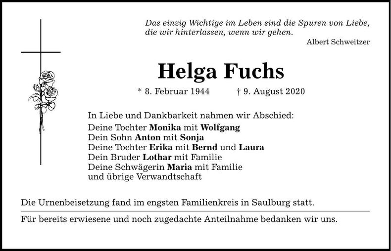 Traueranzeige Helga Fuchs