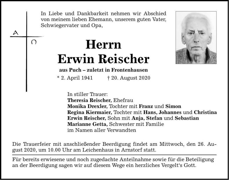 Traueranzeige Erwin Reischer