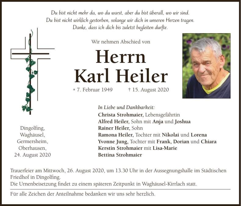 Traueranzeige Karl Heiler