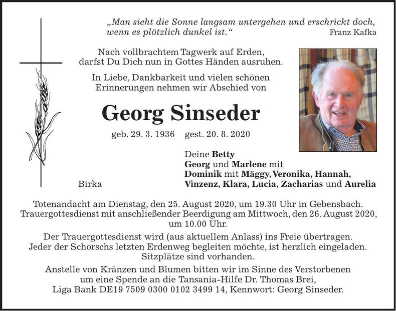 Traueranzeige Georg Sinseder