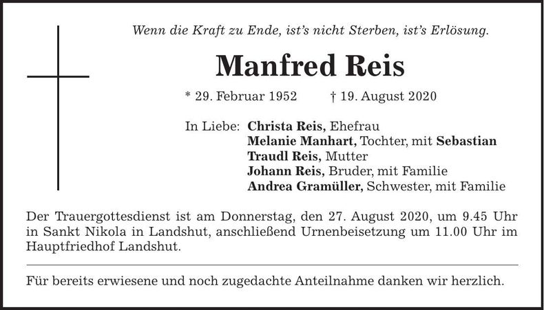 Traueranzeige Manfred Reis