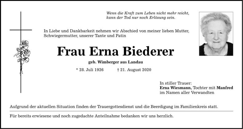 Traueranzeige Erna Biederer