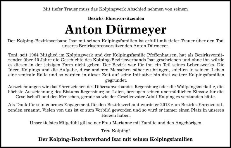 Traueranzeige Anton Dürmeyer