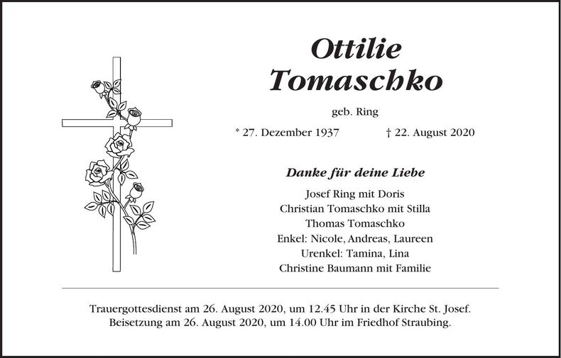 Traueranzeige Ottilie Tomaschko