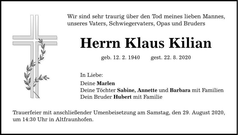 Traueranzeige Klaus Kilian