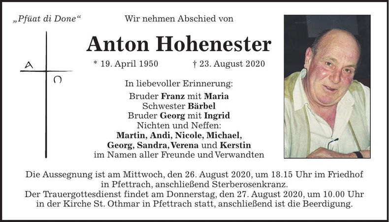 Traueranzeige Anton Hohenester