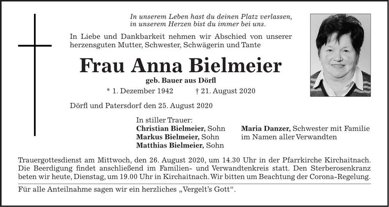 Traueranzeige Anna Bielmeier