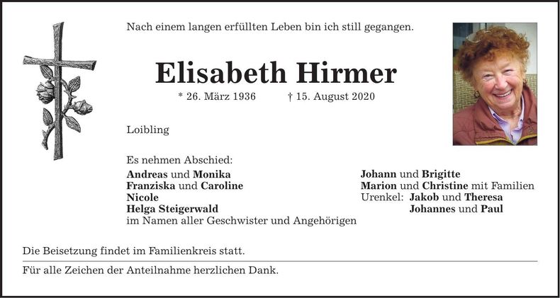 Traueranzeige Elisabeth Hirmer