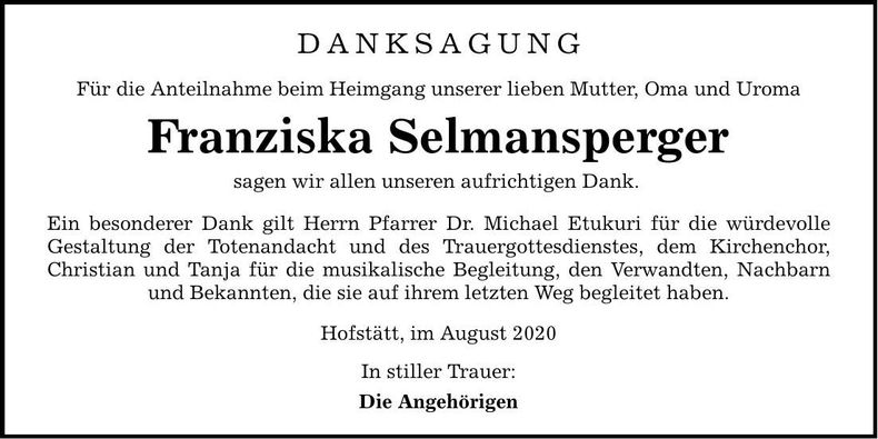 Traueranzeige Franziska Selmansperger