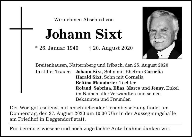 Traueranzeige Johann Sixt