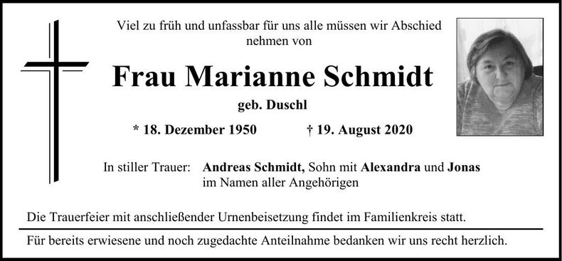 Traueranzeige Marianne Schmidt