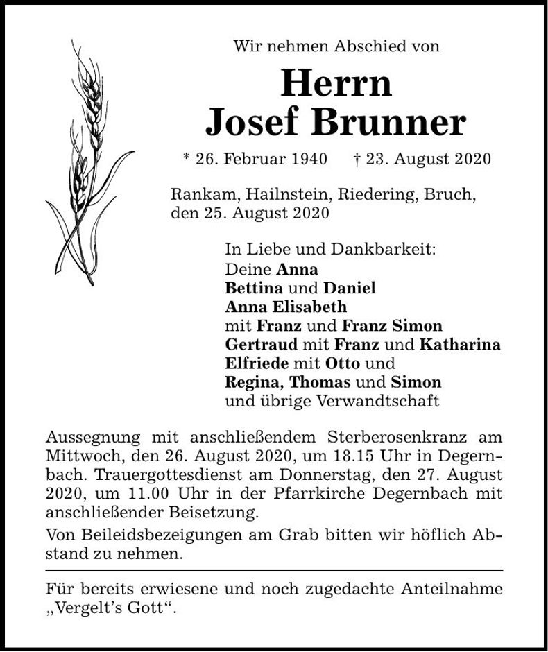 Traueranzeige Josef Brunner