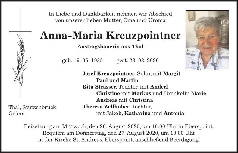 Traueranzeige Anna-Maria Kreuzpointner