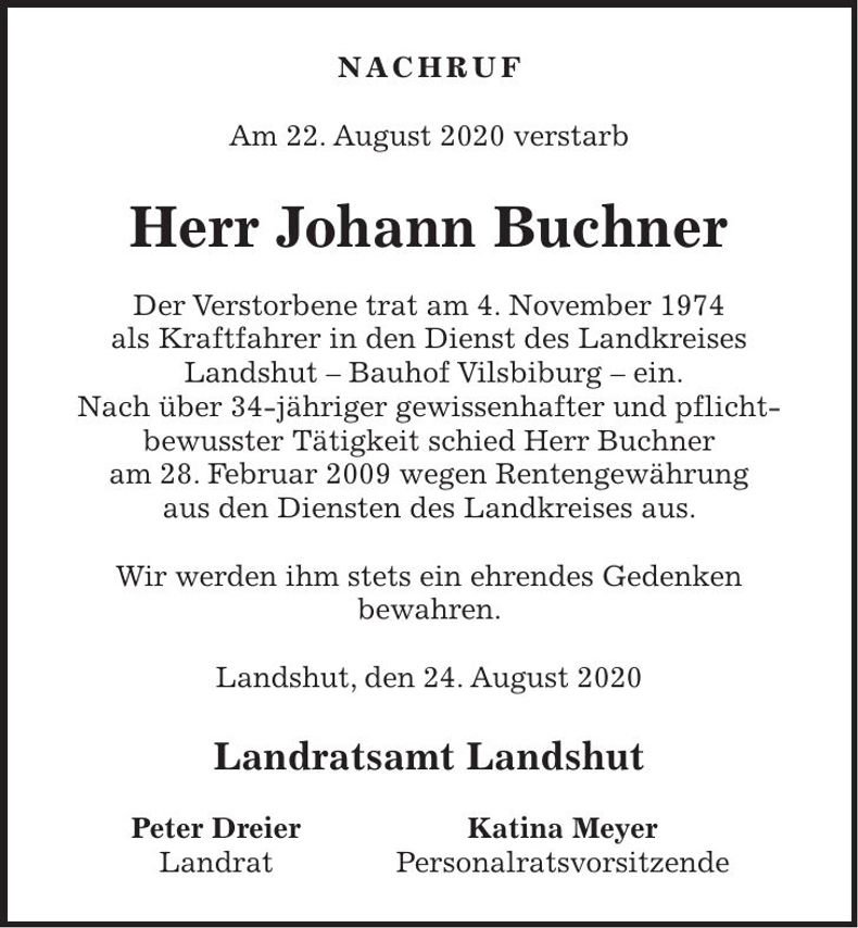 Traueranzeige Johann Buchner