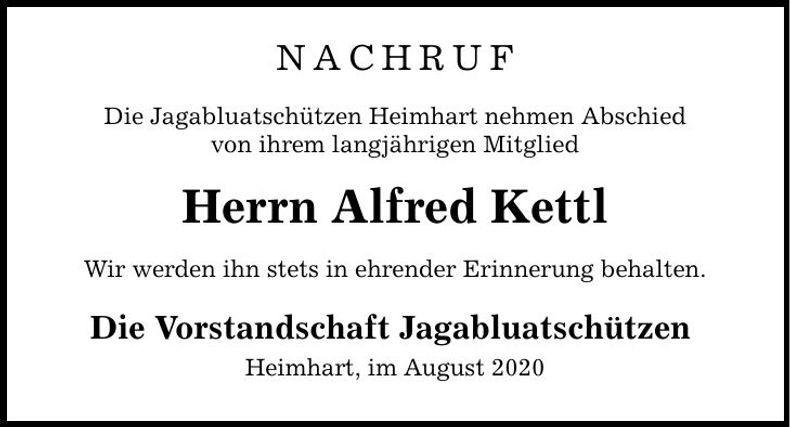 Traueranzeige Alfred Kettl