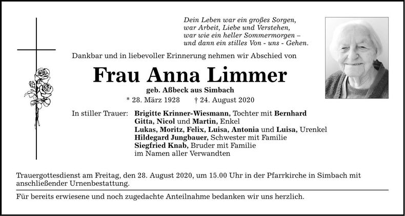 Traueranzeige Anna Limmer