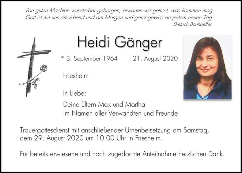 Traueranzeige Heidi Gänger