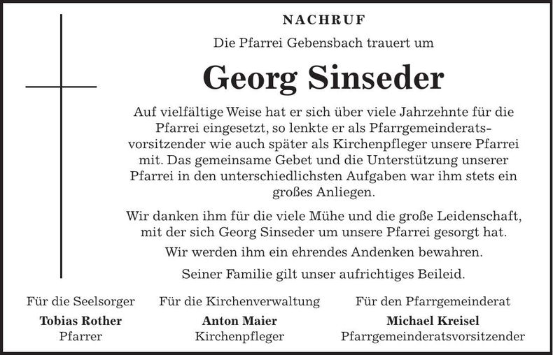 Traueranzeige Georg Sinseder