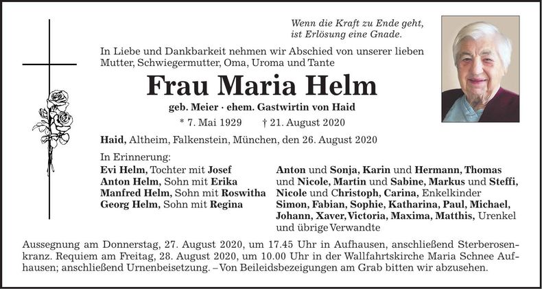Traueranzeige Maria Helm