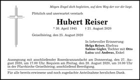 Traueranzeige Hubert Reiser