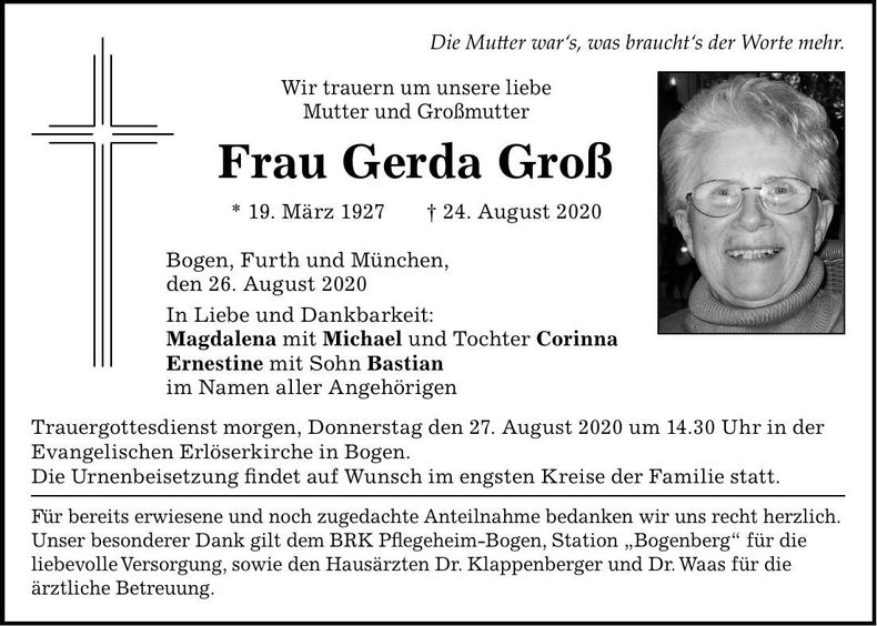 Traueranzeige Gerda Groß